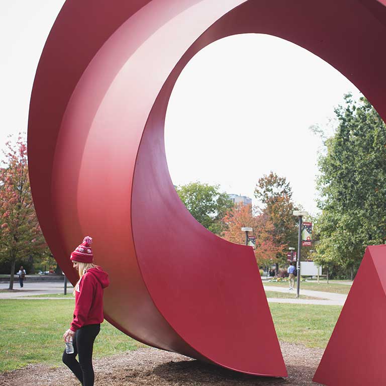 The large, red Calder sculpture outside the Eskenazi Museum of Art at IU Bloomington.